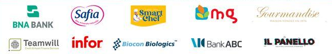 Logos partenaires : BNA Bank, Safia, Smart Chef, MG, Gourmandise, Teamwill, Infor, Biocon Biologics, Bank ABC, Il Panello